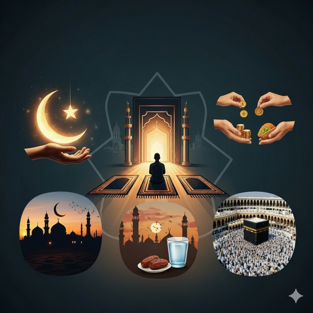 İslam'ın beş şartı olan Kelime-i Şehadet, namaz, oruç, zekat ve haccı bir arada gösteren sembolik görsel